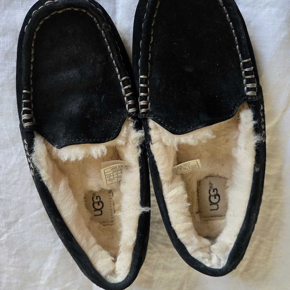 UGG Women’s Black Suede Moccasin Slippers with Shearling Lining